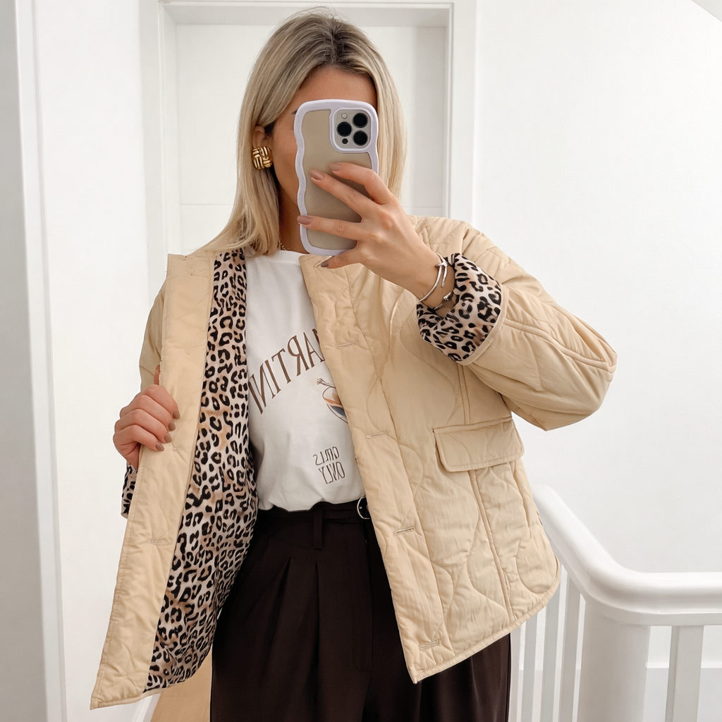 Women's Leopard Print Midseason Jacket – Quilted Chic Statement Style