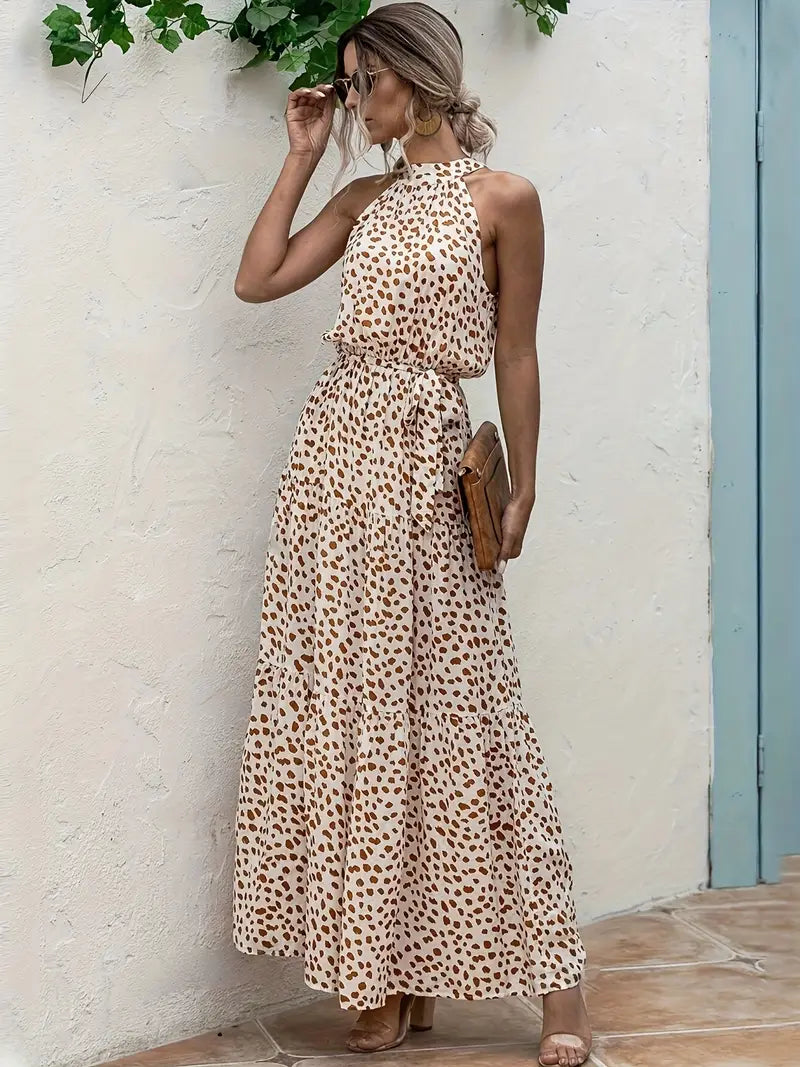 Women's Golden Whimsy Halter Maxi Dress