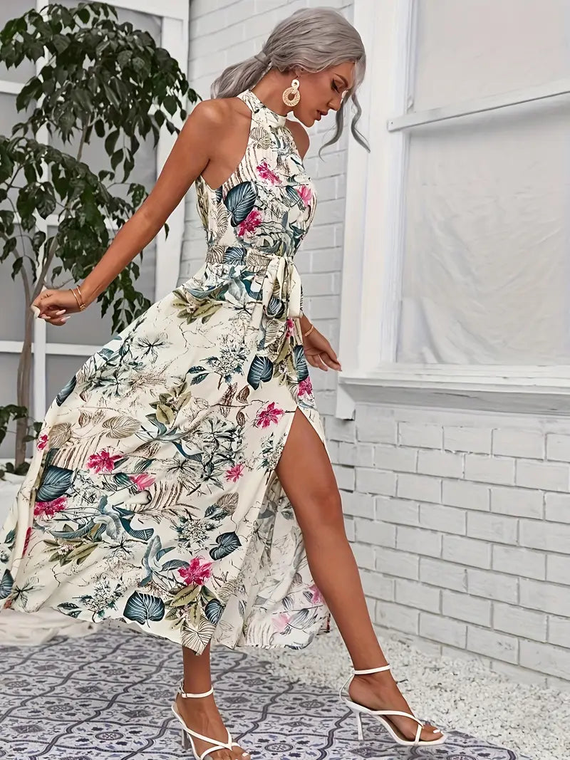 Women's Sunlit Whimsy Tie-Waist Halter Dress