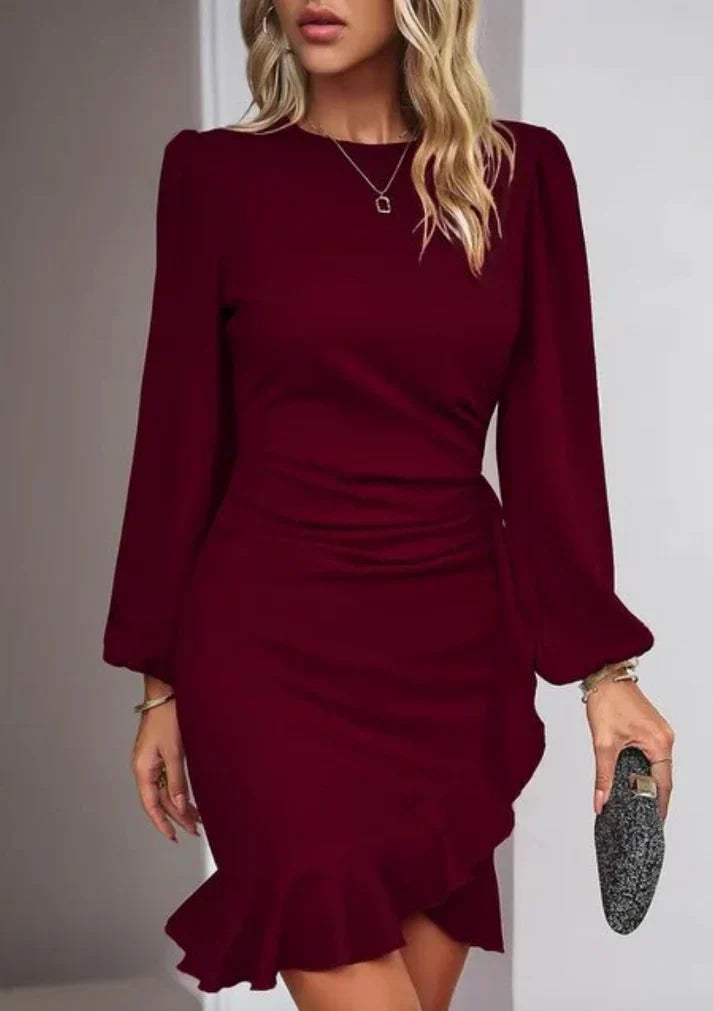 Women's Mini Dress – Puff Balloon Sleeves Ruched Ruffle Detail