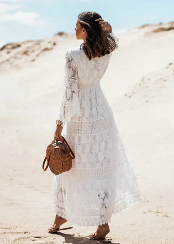 Women's White Bohemian Maxi Dress – V-Neck Flared Sleeves Elegant