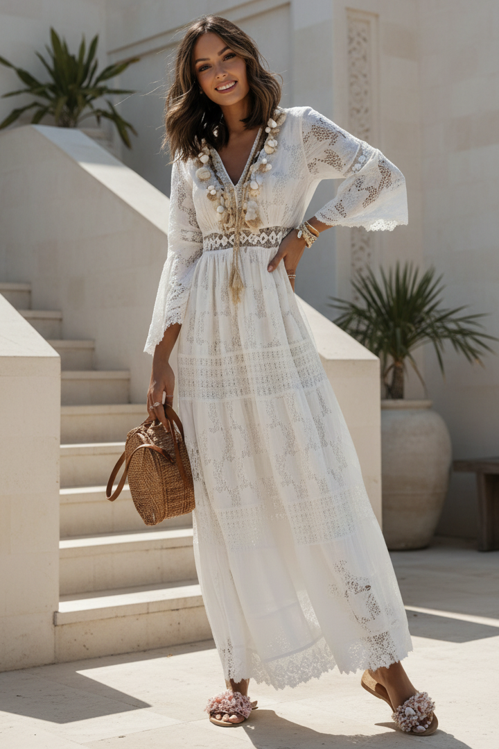 Women's White Bohemian Maxi Dress – V-Neck Flared Sleeves Elegant