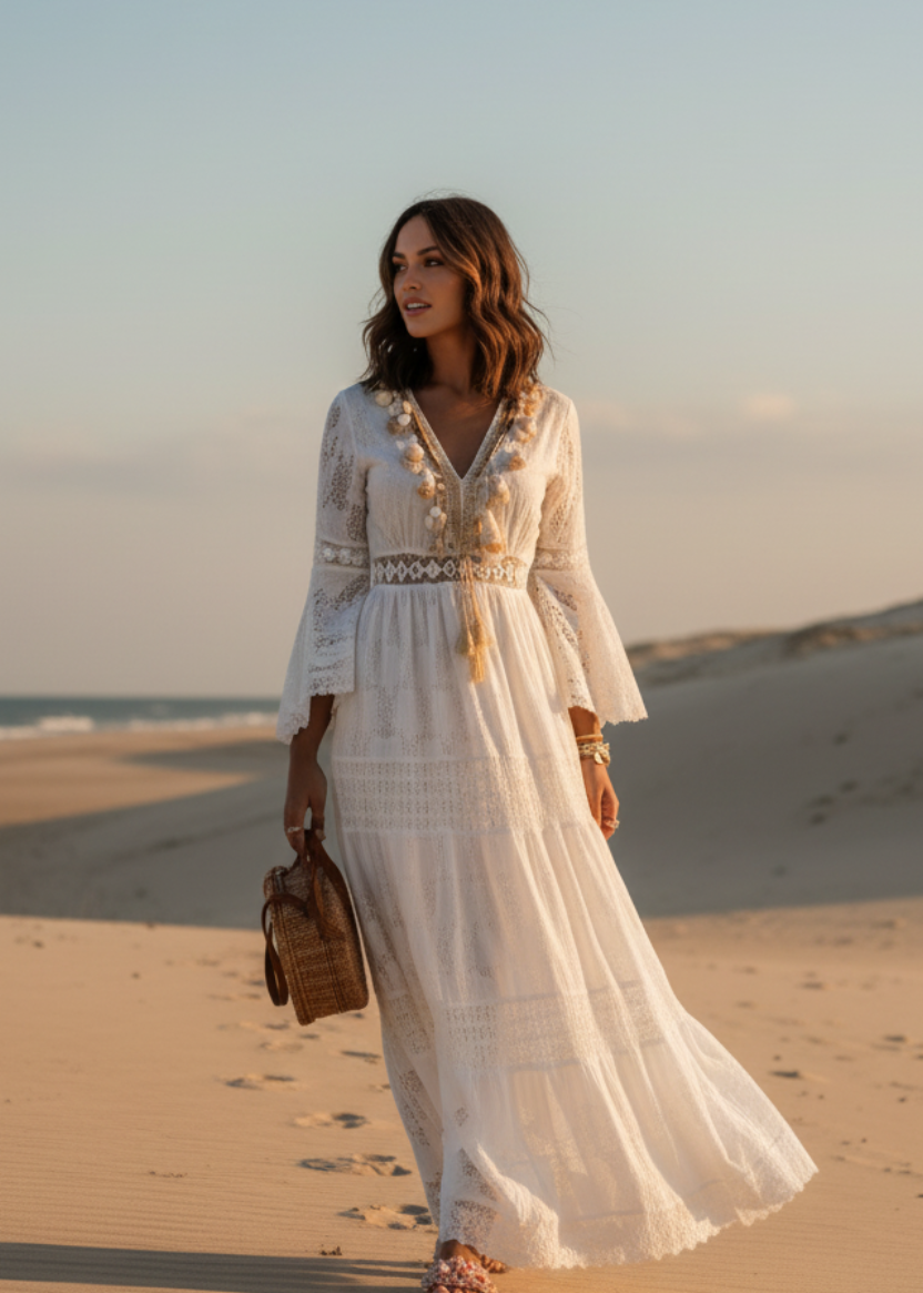 Women's White Bohemian Maxi Dress – V-Neck Flared Sleeves Elegant