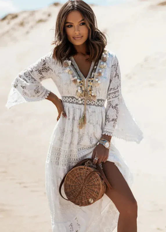 Women's White Bohemian Maxi Dress – V-Neck Flared Sleeves Elegant