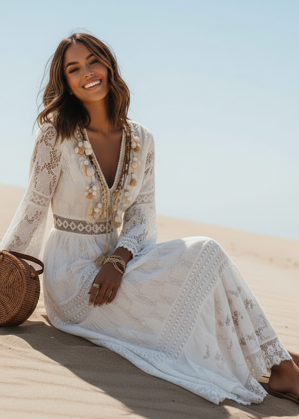 Women's White Bohemian Maxi Dress – V-Neck Flared Sleeves Elegant