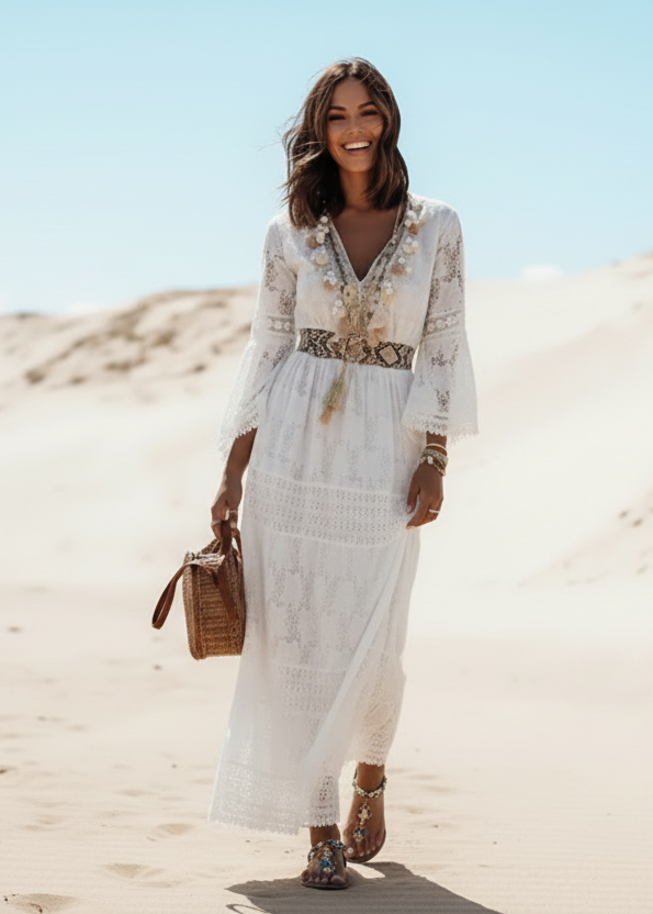 Women's White Bohemian Maxi Dress – V-Neck Flared Sleeves Elegant