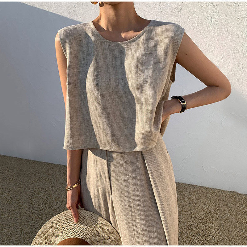 Women's Linen Set – Wide Leg Pants and Crew Neck Summer Style
