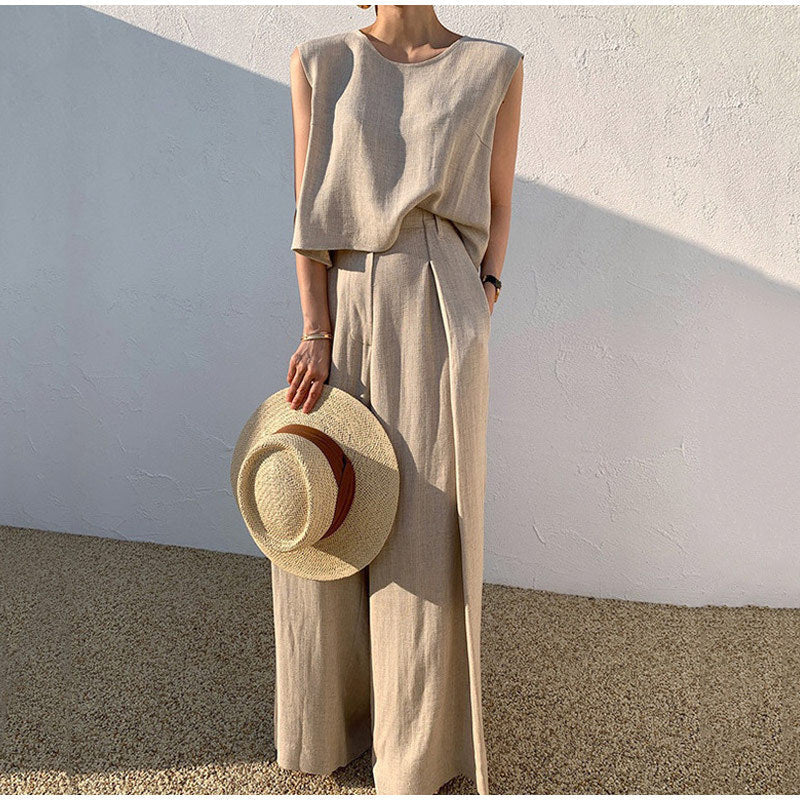 Women's Linen Set – Wide Leg Pants and Crew Neck Summer Style