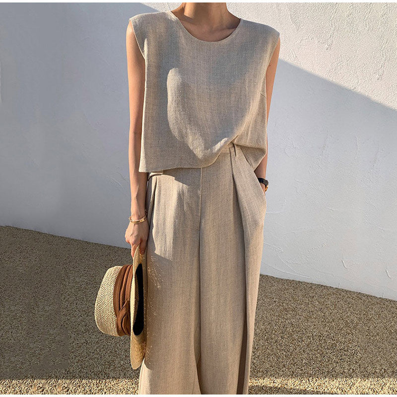 Women's Linen Set – Wide Leg Pants and Crew Neck Summer Style
