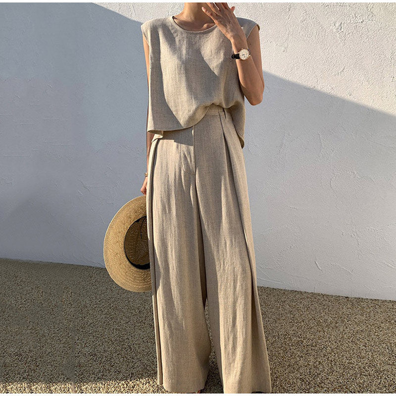 Women's Linen Set – Wide Leg Pants and Crew Neck Summer Style