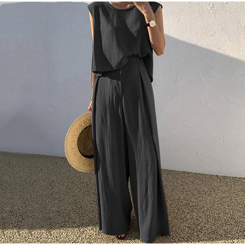 Women's Linen Set – Wide Leg Pants and Crew Neck Summer Style