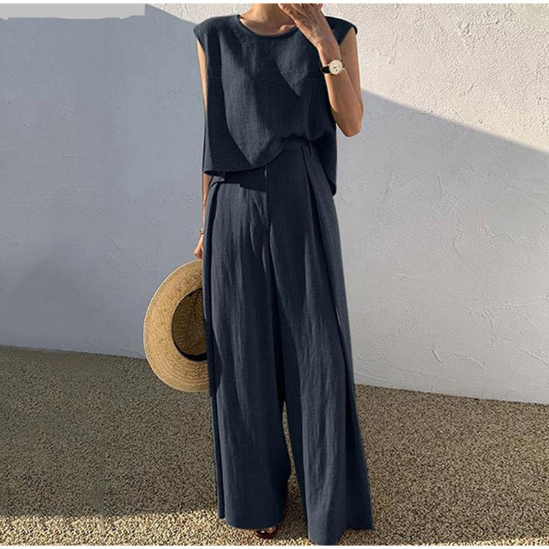 Women's Linen Set – Wide Leg Pants and Crew Neck Summer Style