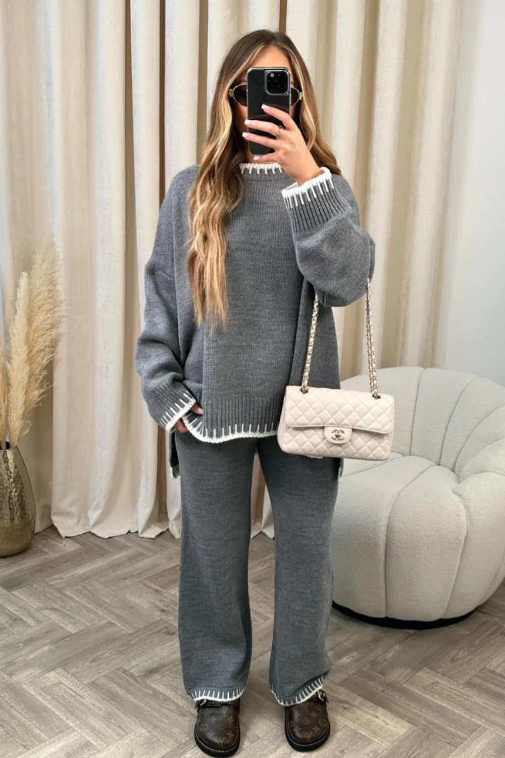 Women's Contrast Trim Knit Lounge Set – Cozy Two-Piece Style