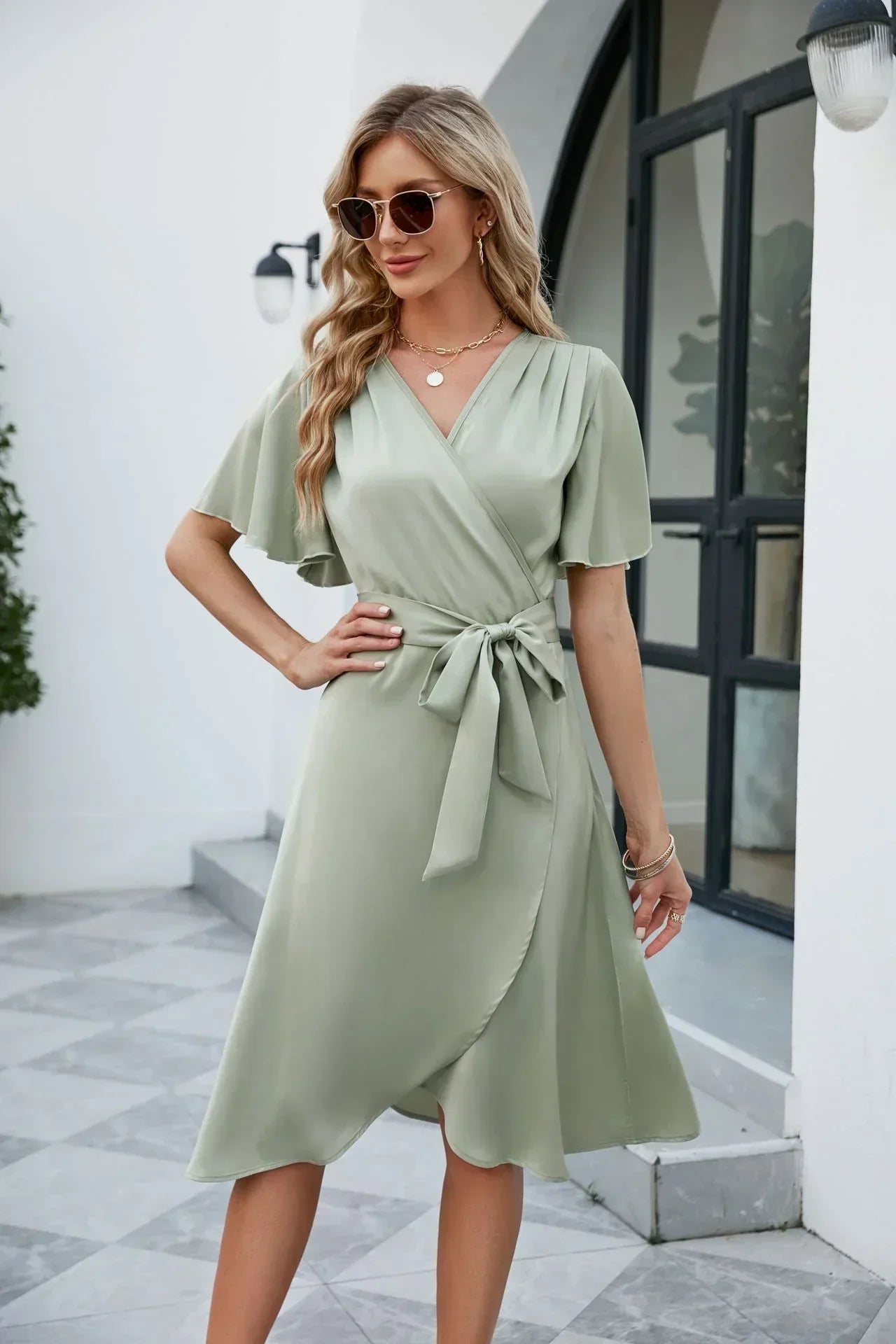 Women's Belted Short Sleeve Midi Dress – Flowy Comfortable Feminine Everyday Wear