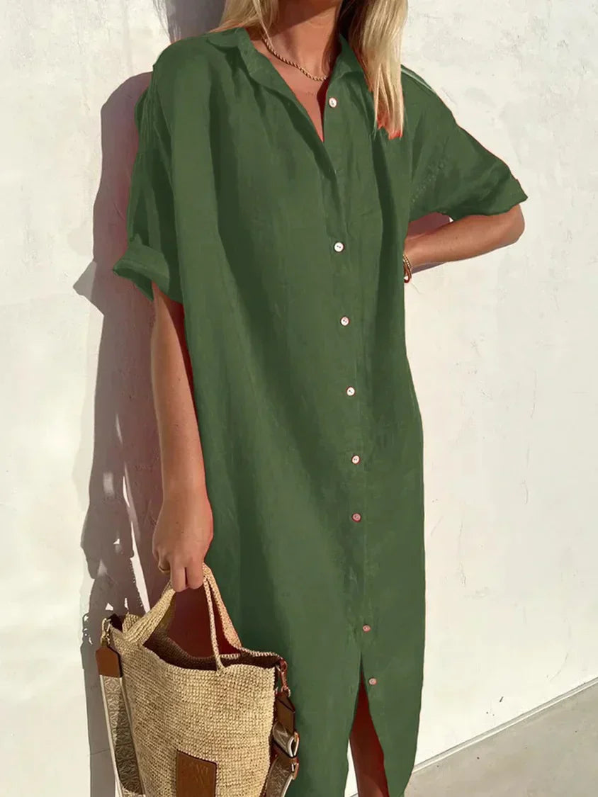 Women's Cotton Linen Button-Down Dress – Wide Sleeve Casual Elegance