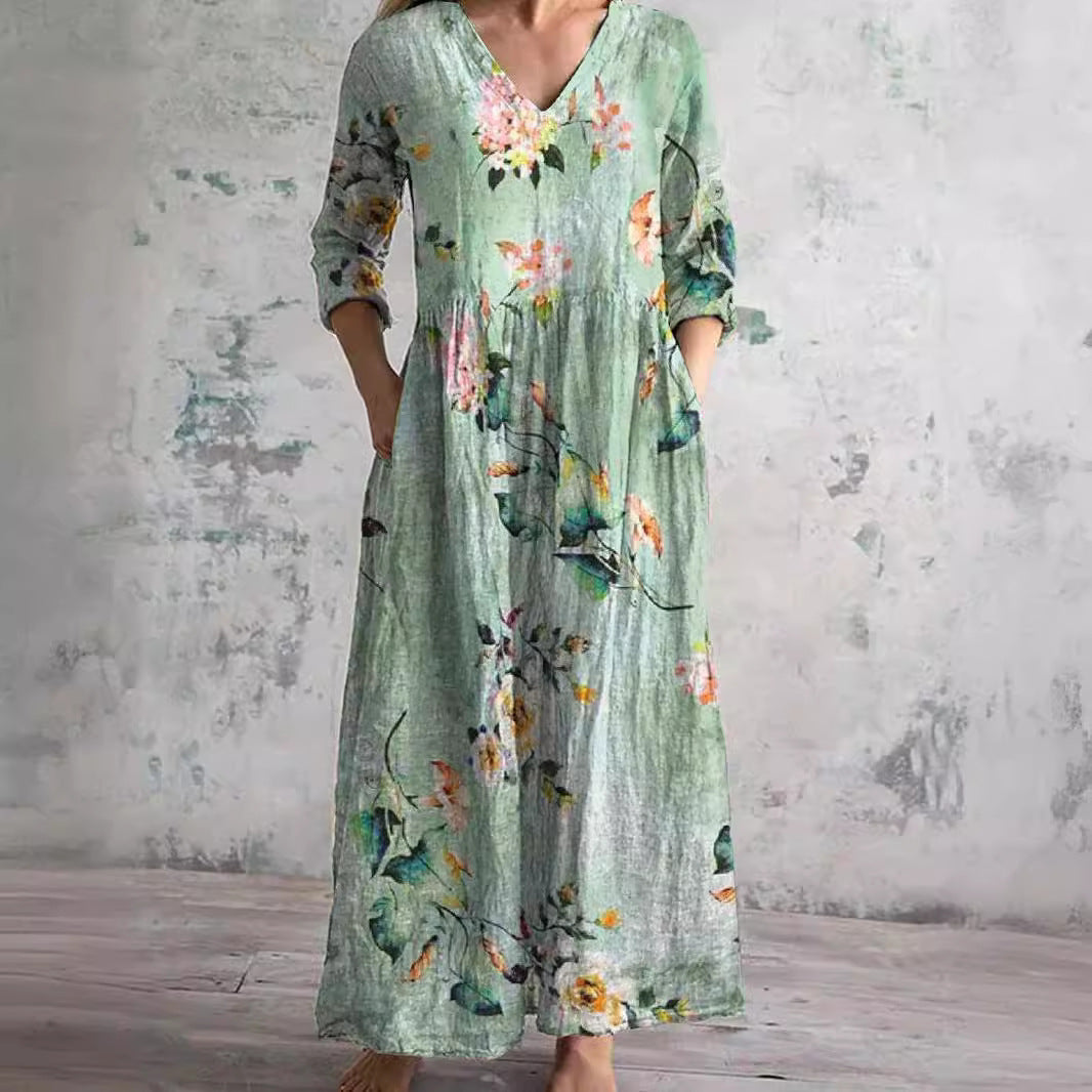 Women's Floral Summer Maxi Dress – V-Neck Boho Style Flowy Gown