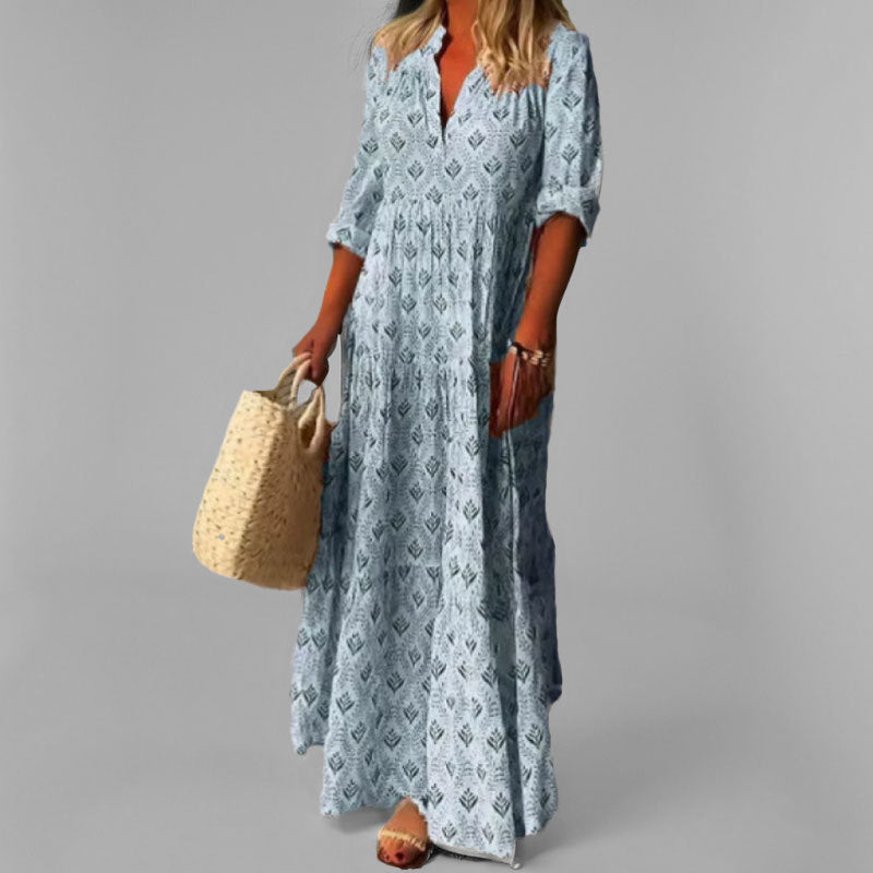 Women's Vintage Print Cotton Maxi Dress – Lightweight V-Neck 3/4 Sleeve Relaxed Fit