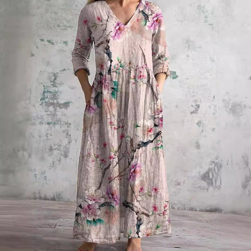 Women's Floral Summer Maxi Dress – V-Neck Boho Style Flowy Gown