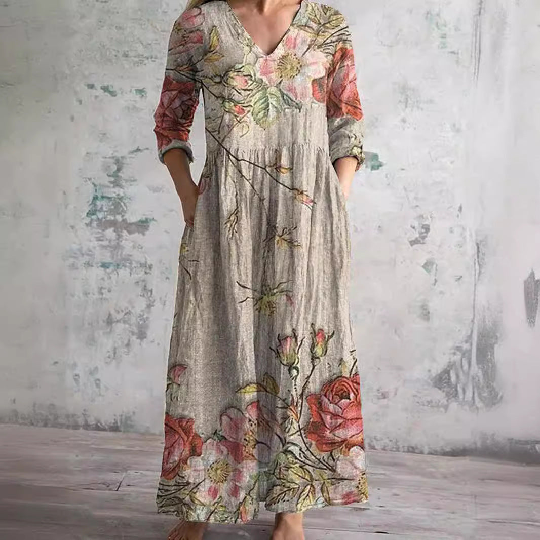 Women's Floral Summer Maxi Dress – V-Neck Boho Style Flowy Gown