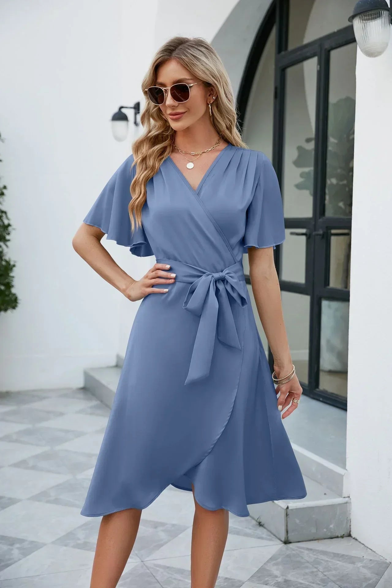 Women's Belted Short Sleeve Midi Dress – Flowy Comfortable Feminine Everyday Wear