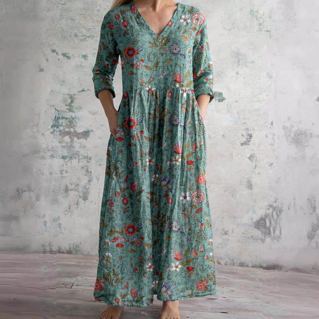 Women's Floral Summer Maxi Dress – V-Neck Boho Style Flowy Gown