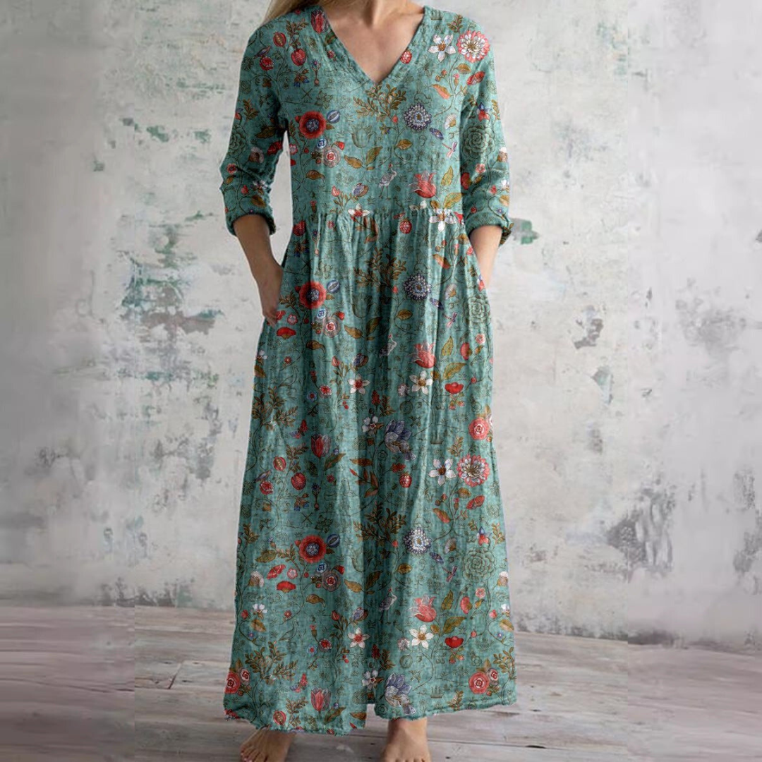 Women's Floral Summer Maxi Dress – V-Neck Boho Style Flowy Gown
