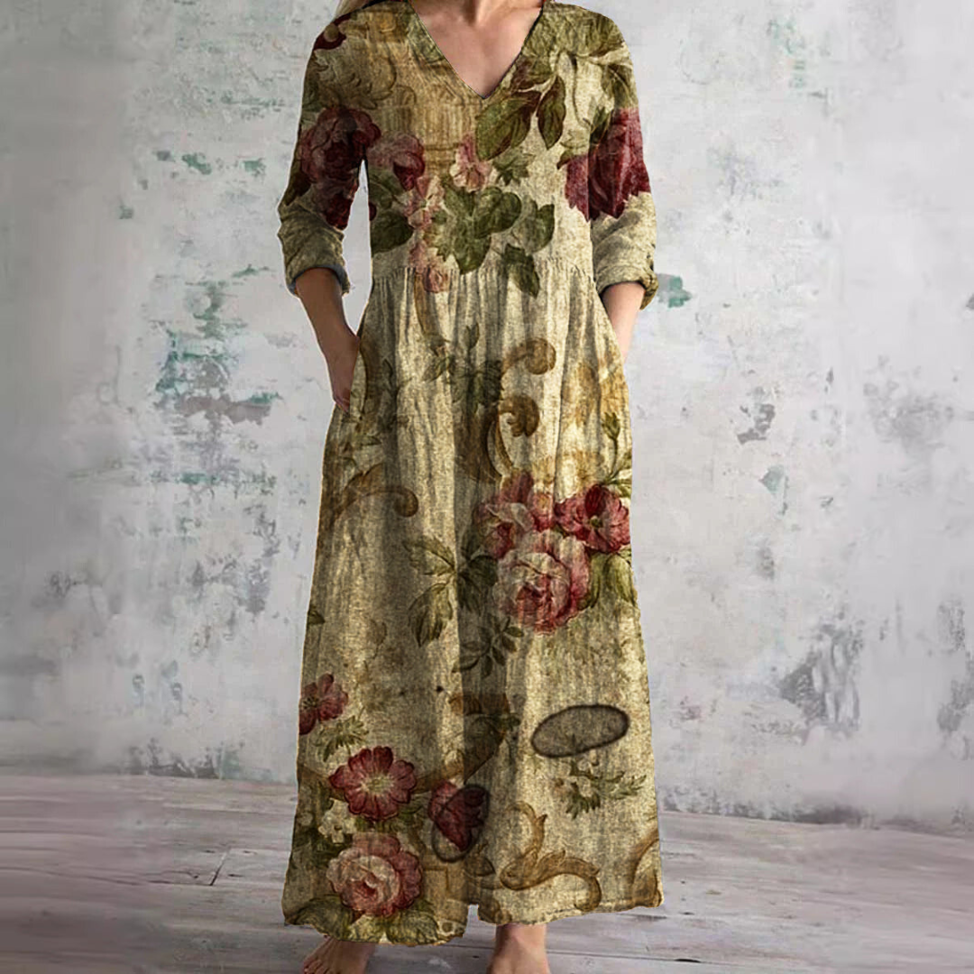 Women's Floral Summer Maxi Dress – V-Neck Boho Style Flowy Gown