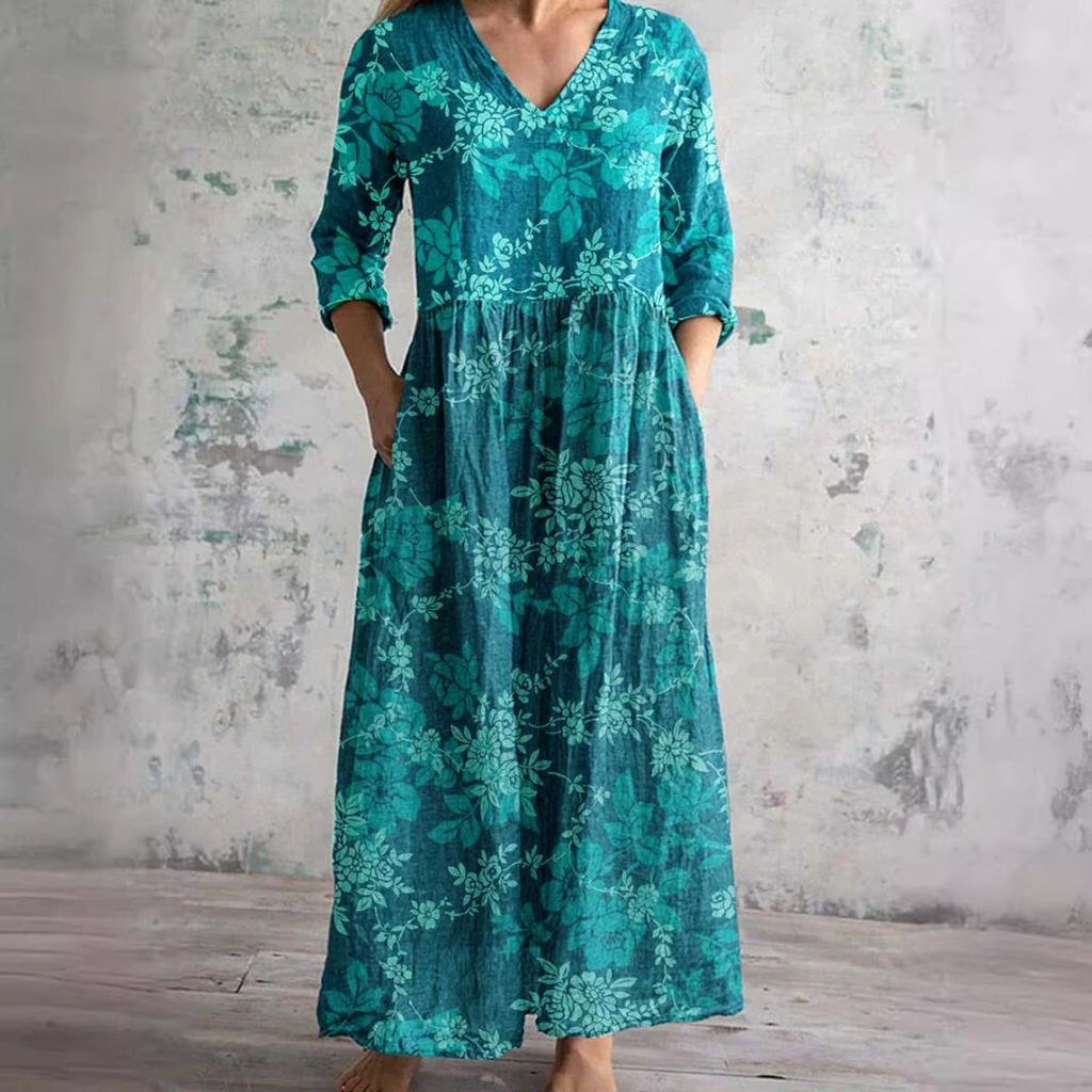 Women's Floral Summer Maxi Dress – V-Neck Boho Style Flowy Gown