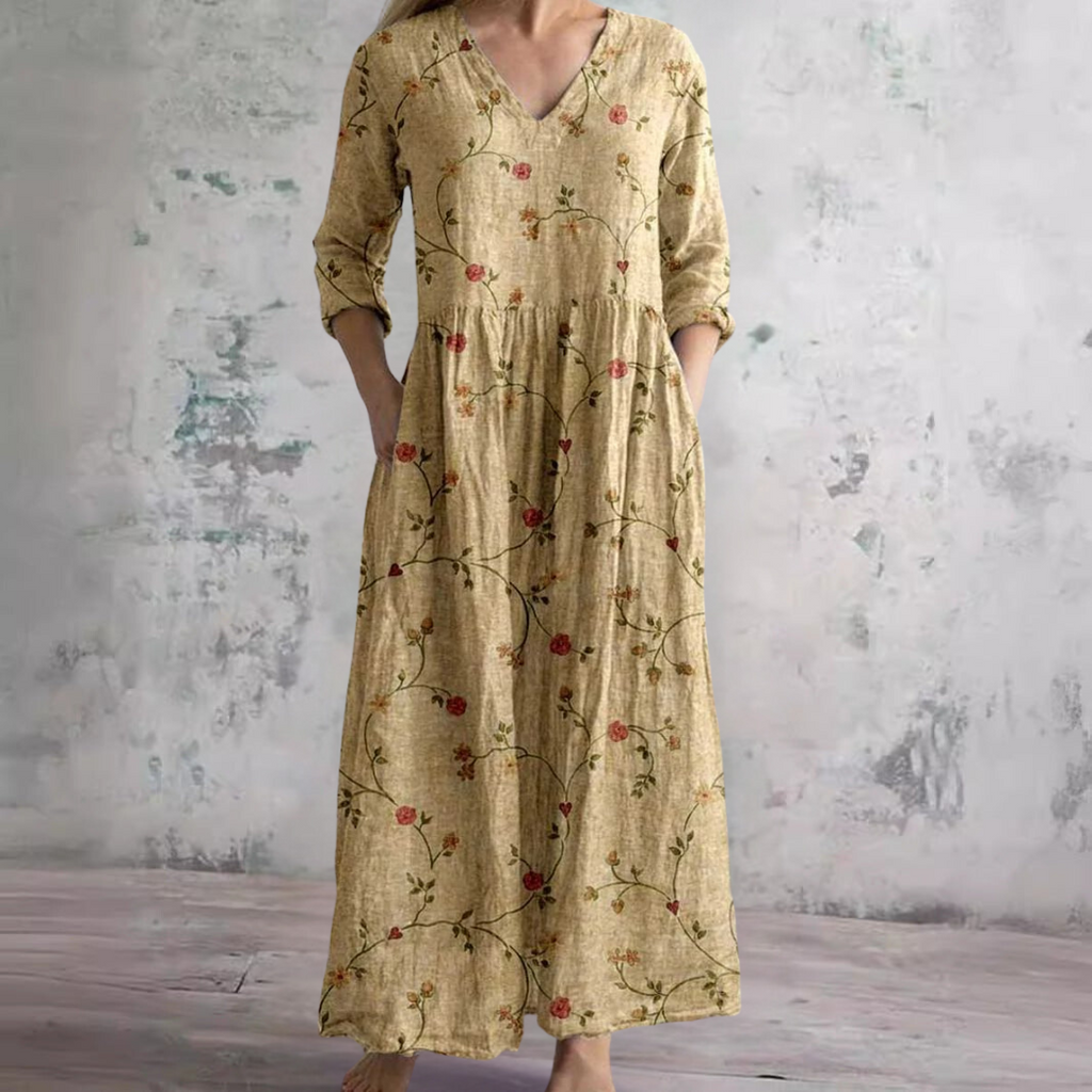 Women's Floral Summer Maxi Dress – V-Neck Boho Style Flowy Gown