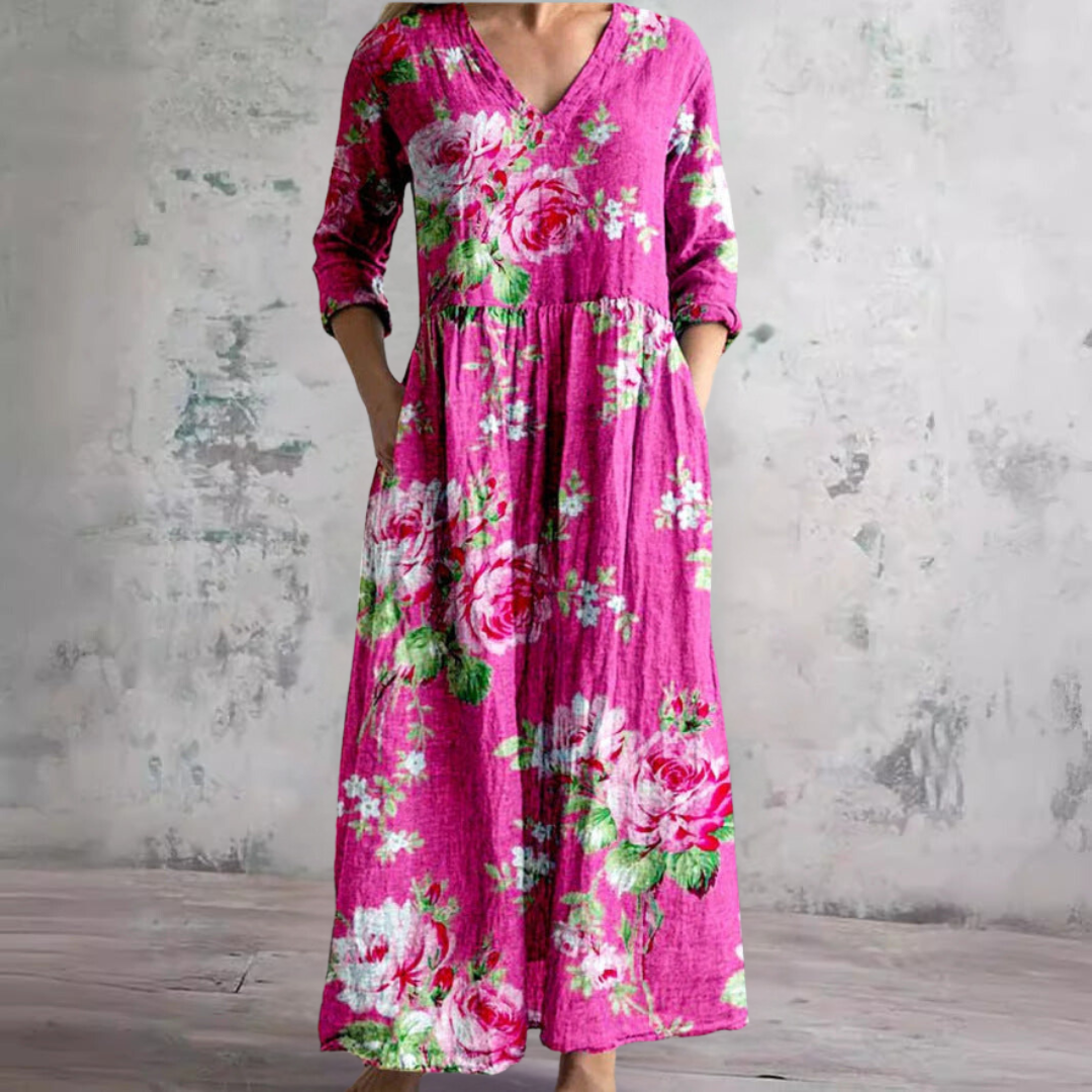 Women's Floral Summer Maxi Dress – V-Neck Boho Style Flowy Gown