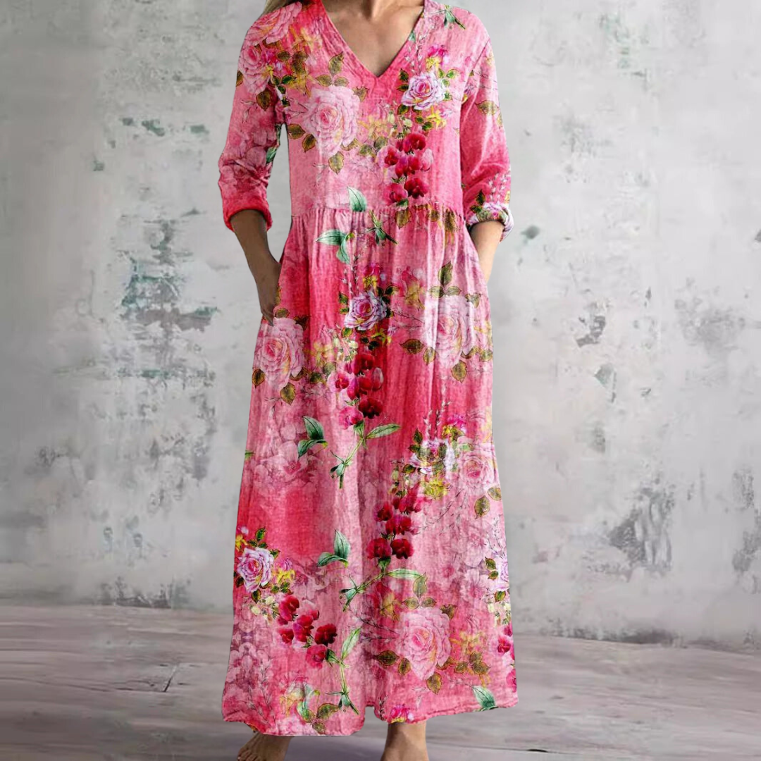Women's Floral Summer Maxi Dress – V-Neck Boho Style Flowy Gown