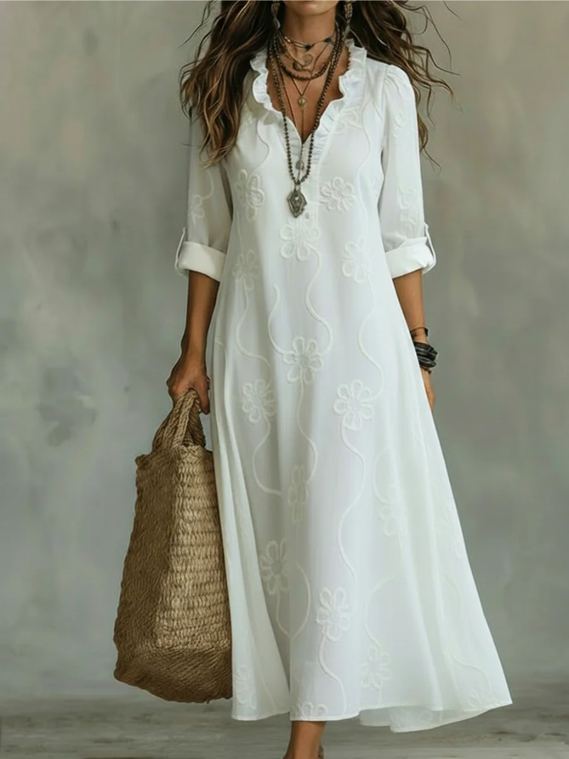 Women's Embroidered Maxi Shirt Dress – V-Neck Cotton Linen Relaxed Fit