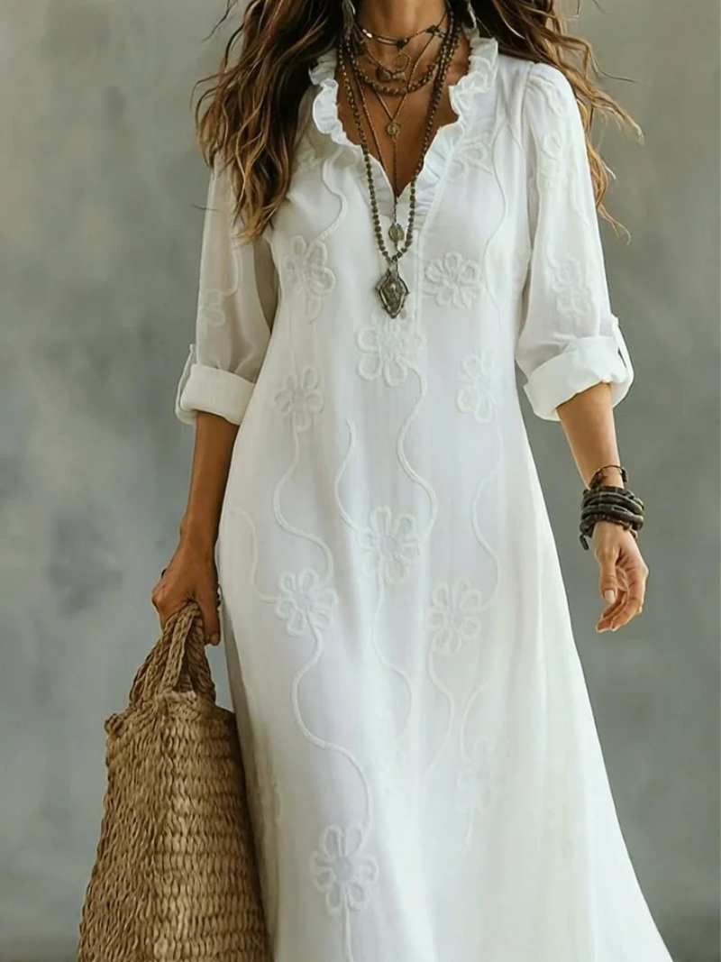 Women's Embroidered Maxi Shirt Dress – V-Neck Cotton Linen Relaxed Fit