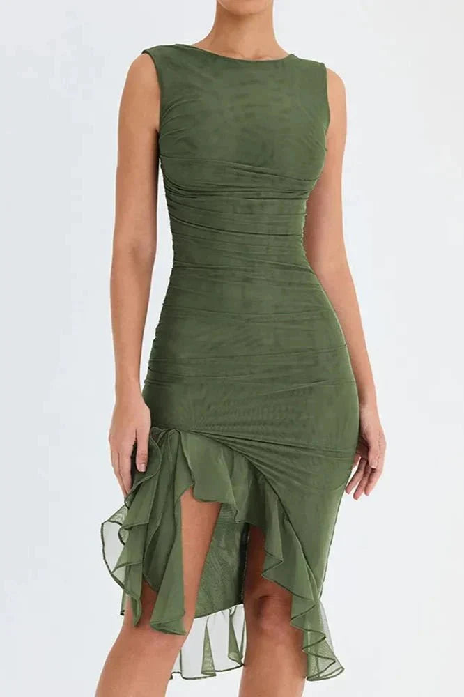Women's Ruched Sleeveless Midi Dress – Wedding Guest Elegant Style