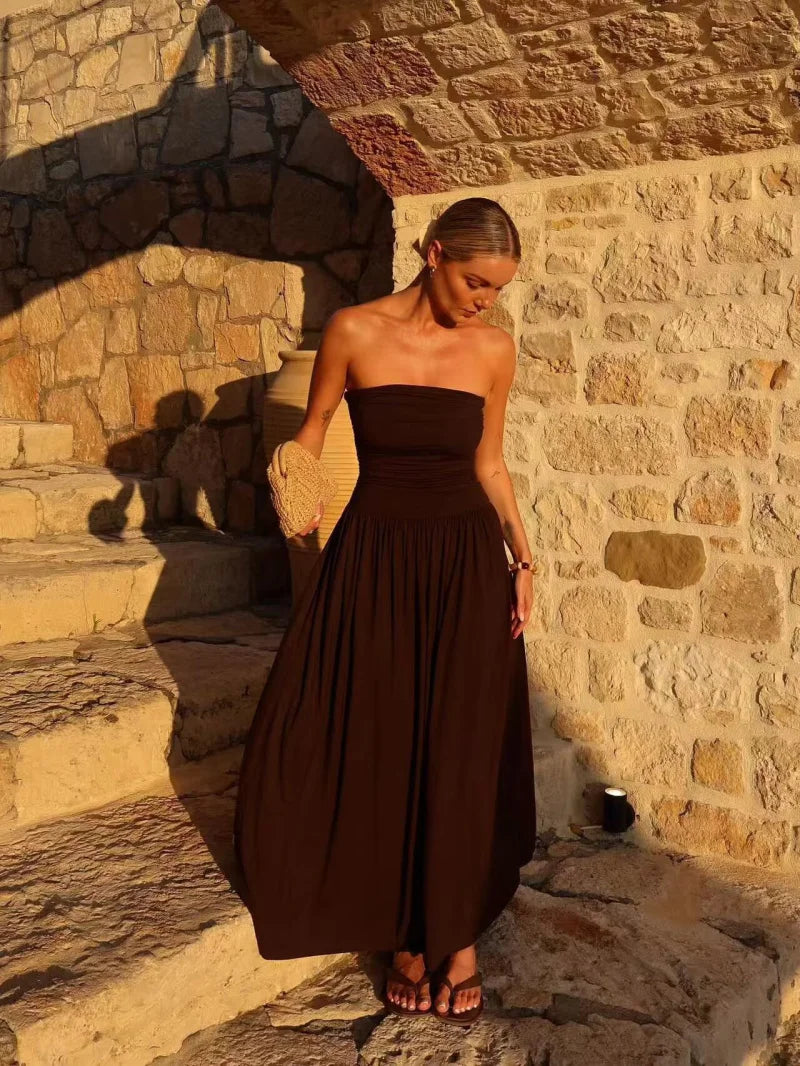 Women's Strapless Pleated Maxi Dress – Elegant Summer Style