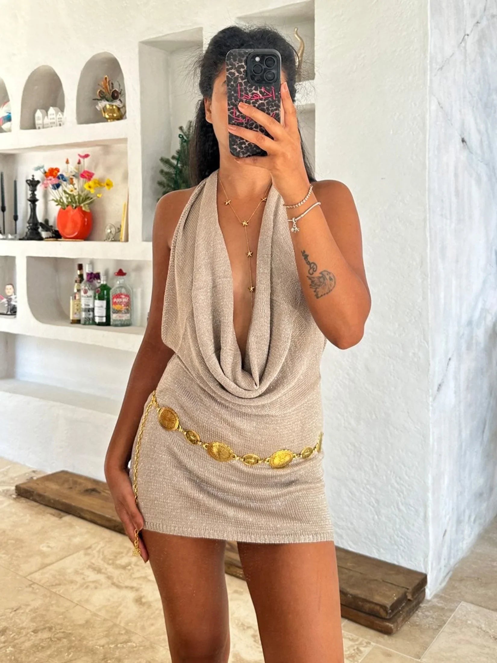 Women's Sequin Draped Mini Dress – V-Neck Open Back Party