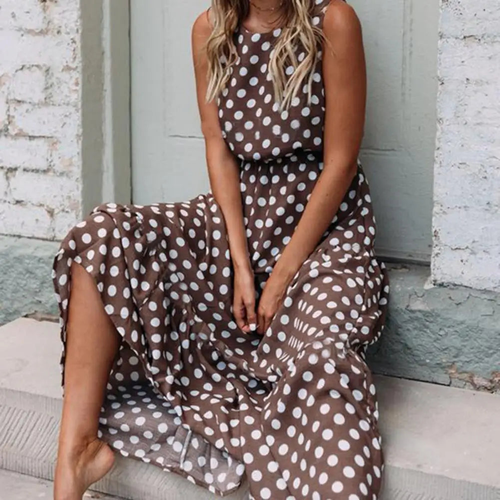 Women's Sleeveless Polka Dot Maxi Dress – Relaxed Fit Casual Everyday Style