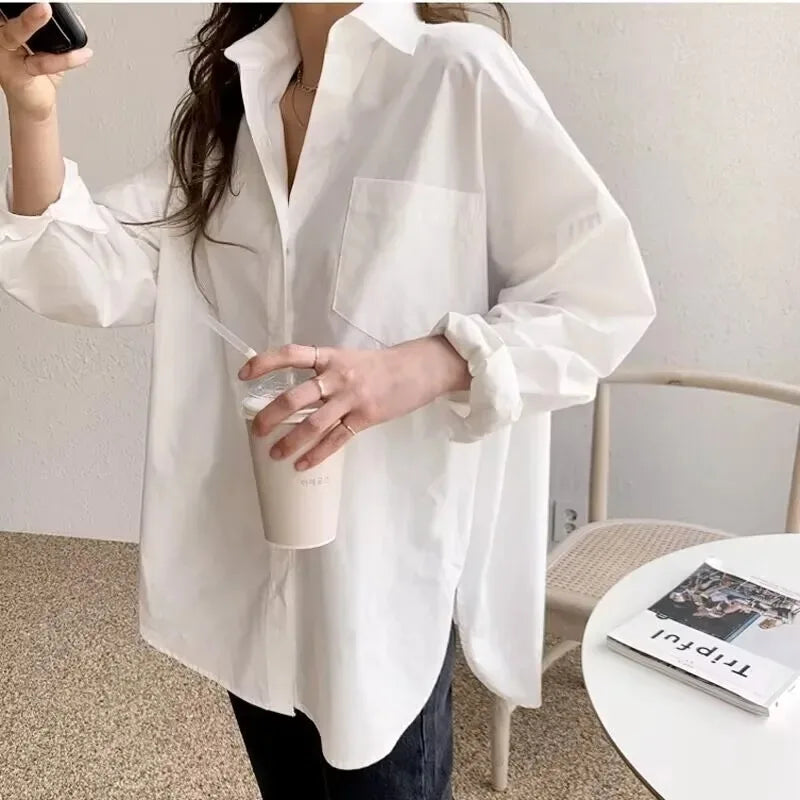 Women's Oversized Button-Down Blouse – Long Sleeve Relaxed Style