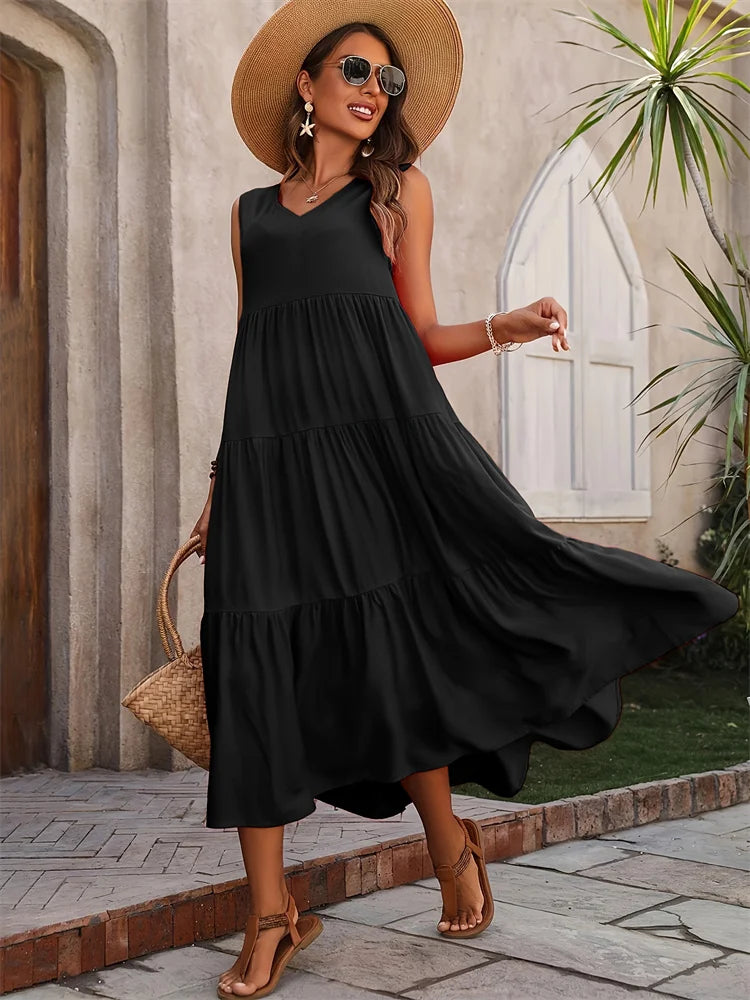Women's Sleeveless Tiered Maxi Dress – Flowy Summer Style