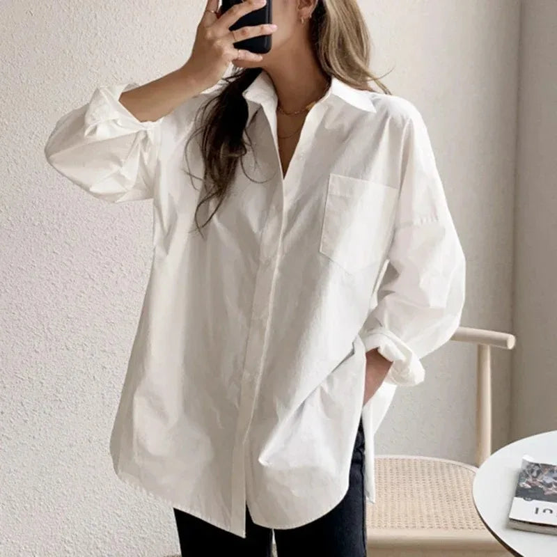 Women's Oversized Button-Down Blouse – Long Sleeve Relaxed Style