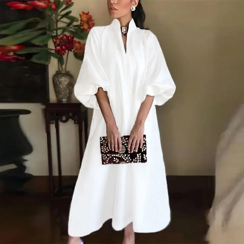 Women's A-Line Maxi Dress – V-Neck Lantern Sleeve Elegant Flowy Design