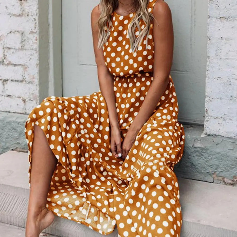 Women's Sleeveless Polka Dot Maxi Dress – Relaxed Fit Casual Everyday Style