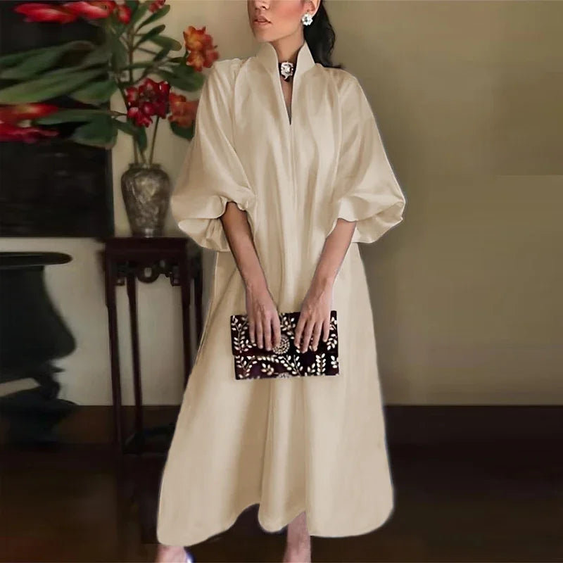 Women's A-Line Maxi Dress – V-Neck Lantern Sleeve Elegant Flowy Design