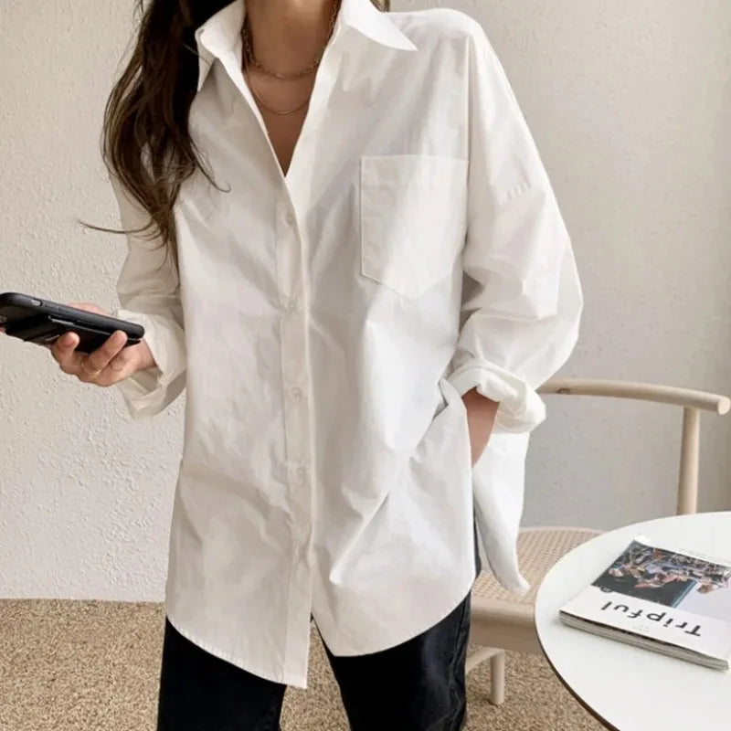 Women's Oversized Button-Down Blouse – Long Sleeve Relaxed Style