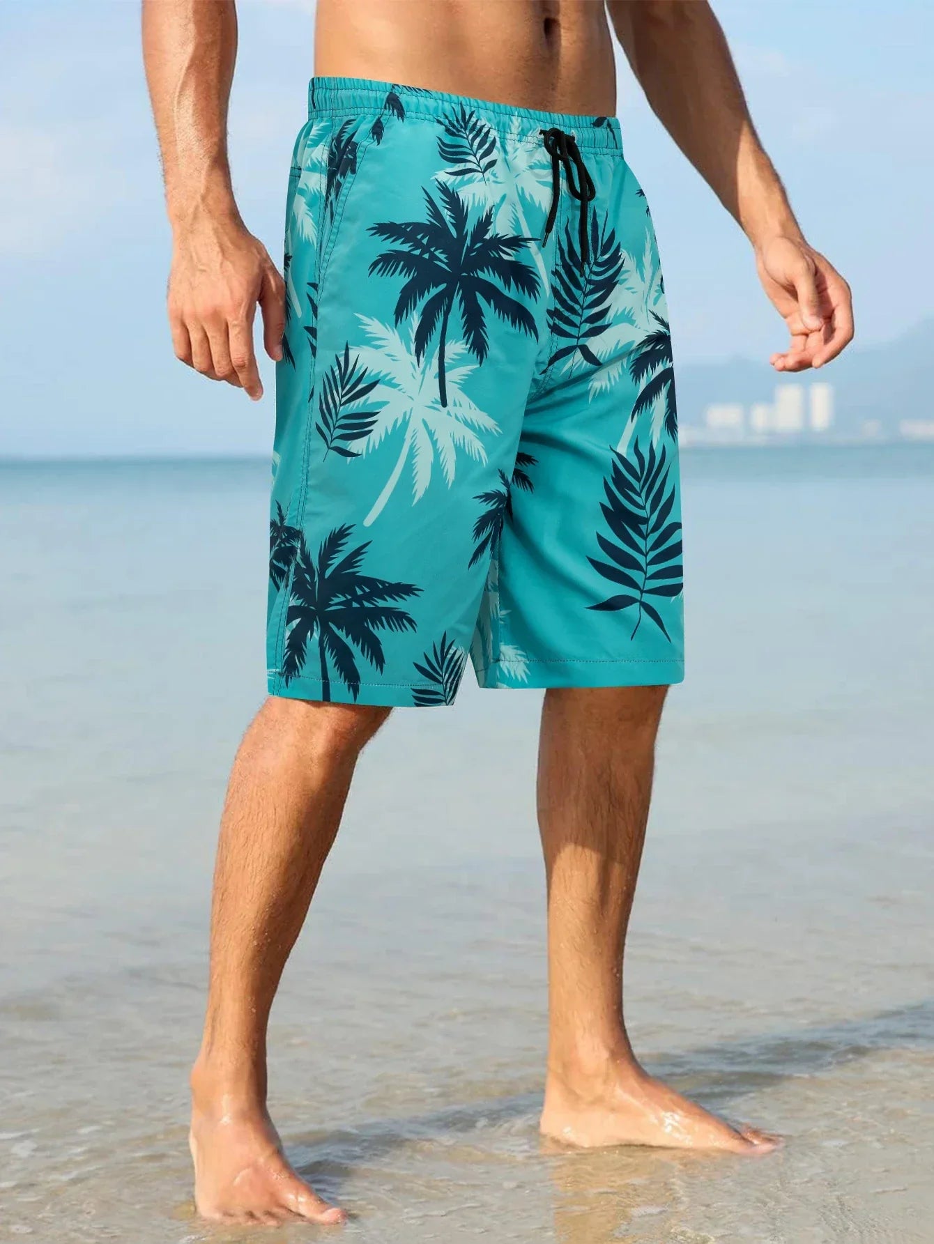 Men's Palm Print Swim Shorts - Tropical Quick-Dry Beach Shorts