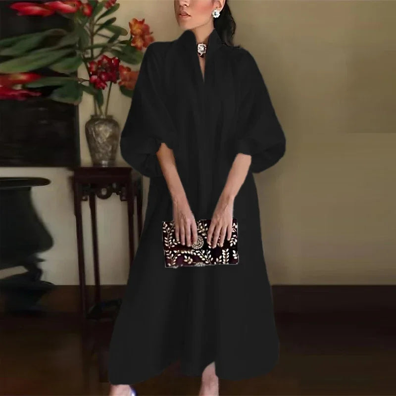 Women's A-Line Maxi Dress – V-Neck Lantern Sleeve Elegant Flowy Design