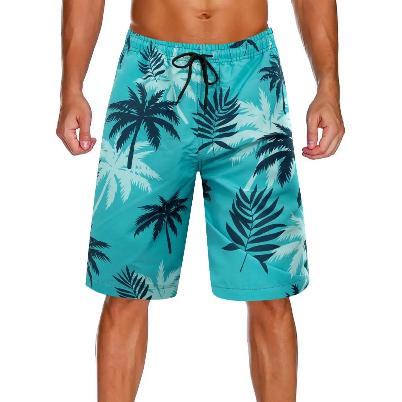 Men's Palm Print Swim Shorts - Tropical Quick-Dry Beach Shorts
