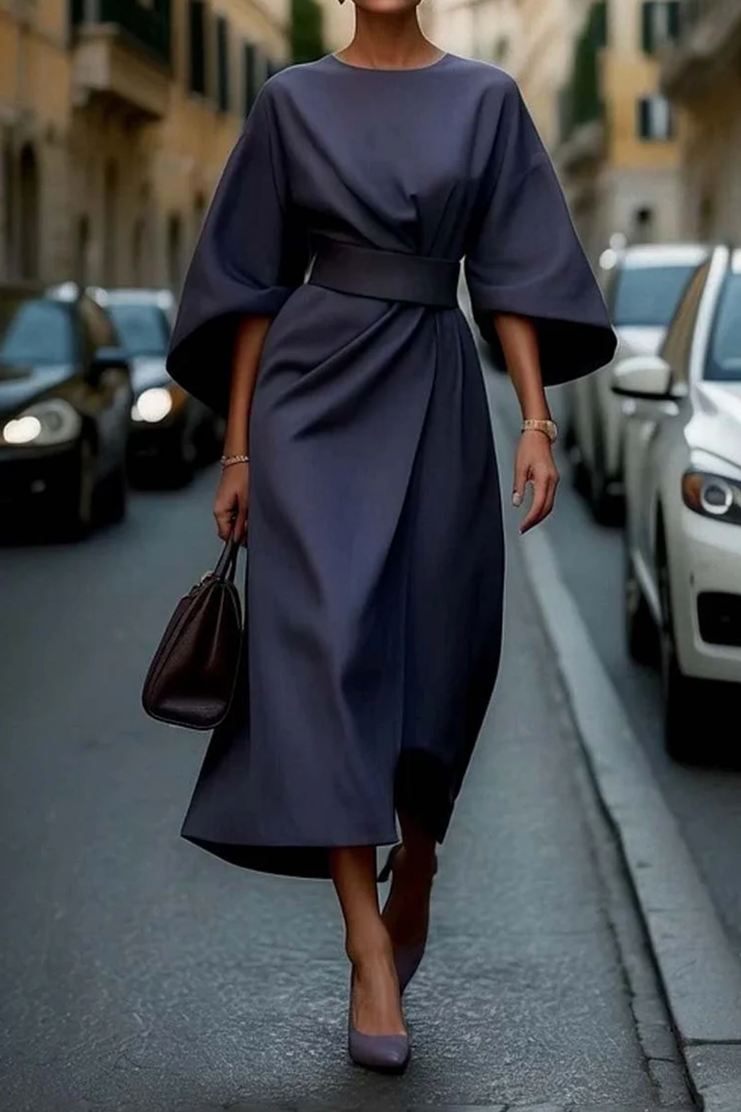 Women's Formal Midi Dress – Wide Sleeve Bold Luxurious Elegant Style