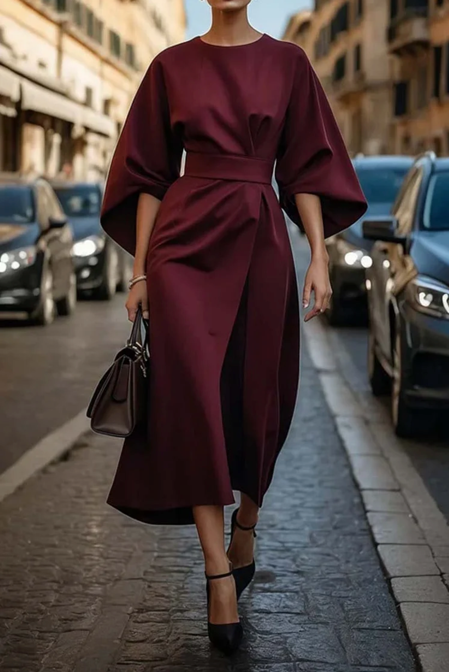 Women's Formal Midi Dress – Wide Sleeve Bold Luxurious Elegant Style