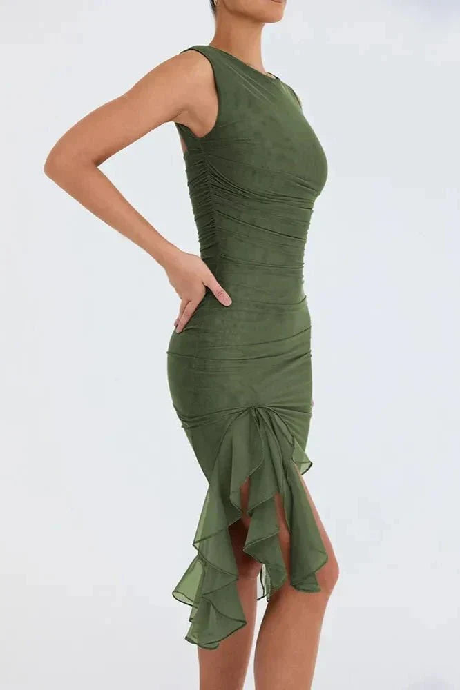 Women's Ruched Sleeveless Midi Dress – Wedding Guest Elegant Style